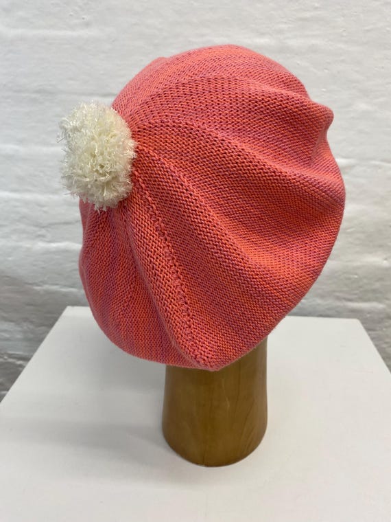 Pink with red pompom beret Coral Cotton Pompom Beret, Soft Knitted Vegan Tam, Pink Mix  main image 3