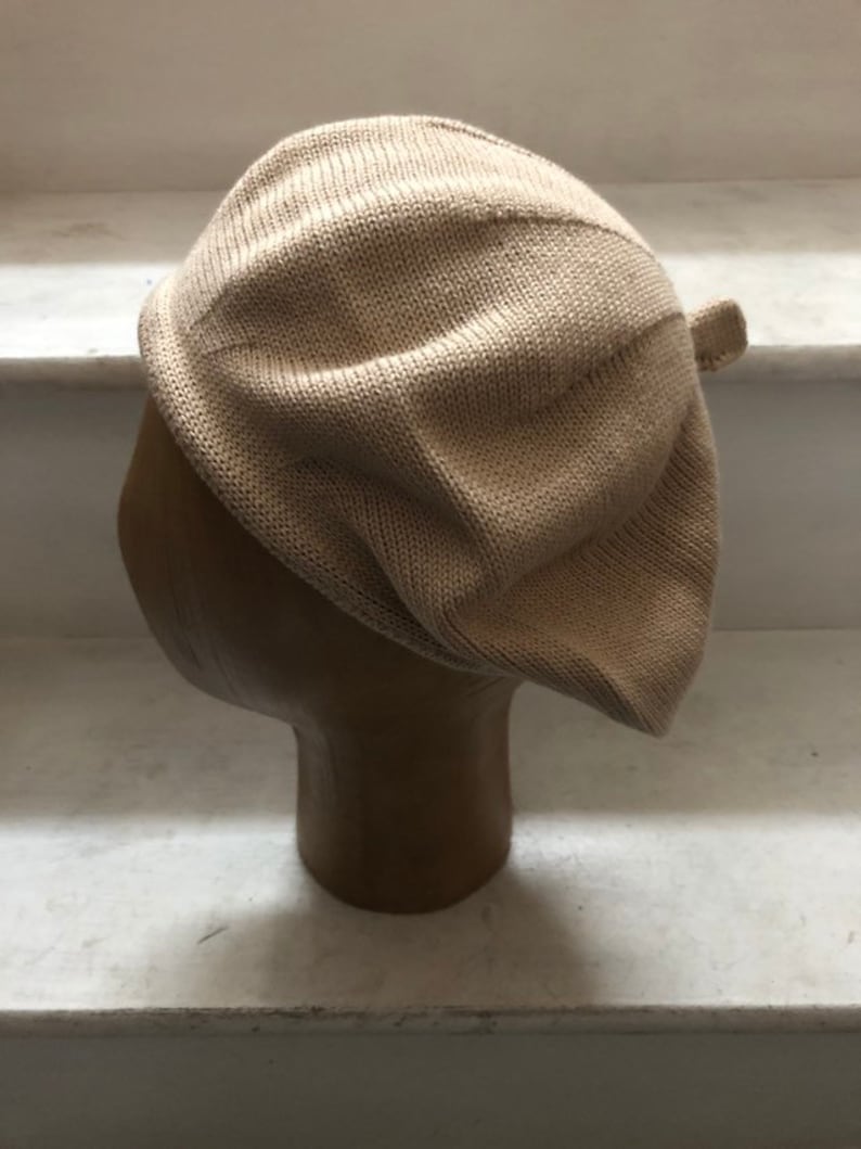 Beige Cotton Beret, Neutral Knitted Beret, Natural Beige tam, Women's Cotton Beret, Vegan Beret, French Beret, Light Brown Tam image 4