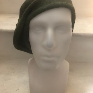 May include: A dark green knitted beret with a folded brim.