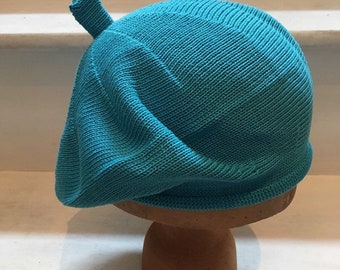 Blue Cotton Tam, Turquoise Cotton Beret, Turquoise Knitted Beret, Women's Blue Tam, Vegan Blue Beret, Vegan Cotton Tam, Blue French Beret