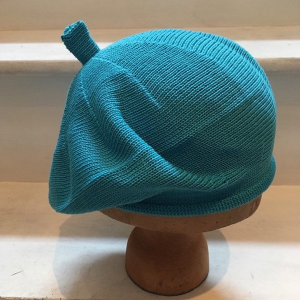 Blue Cotton Tam, Turquoise Cotton Beret, Turquoise Knitted Beret, Women's Blue Tam, Vegan Blue Beret, Vegan Cotton Tam, Blue French Beret