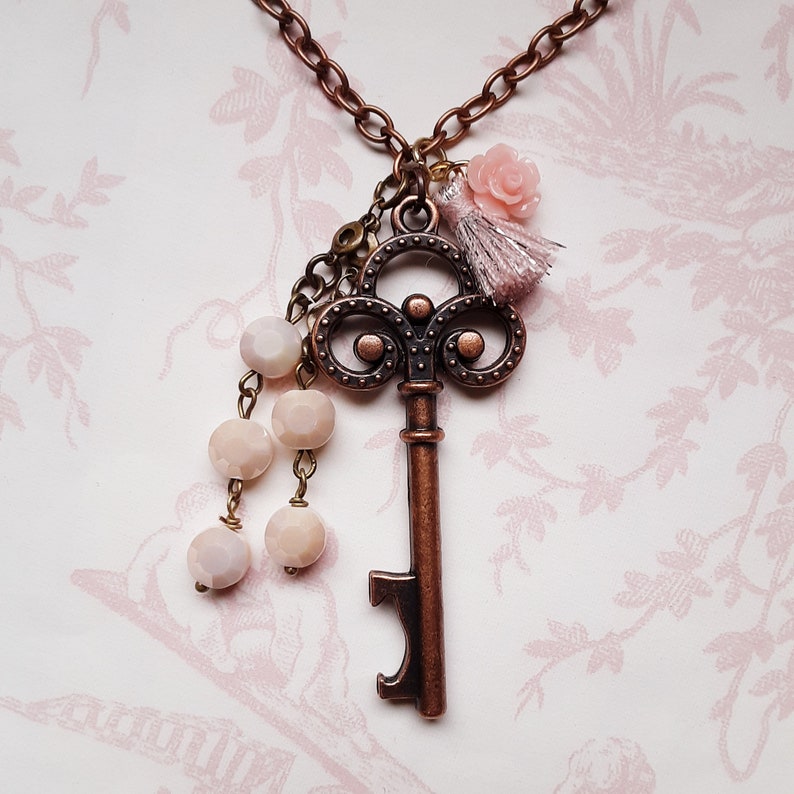 Assemblage Key Long Necklace Copper Key Necklace Shabby Chic Jewelry for Her 24 In.