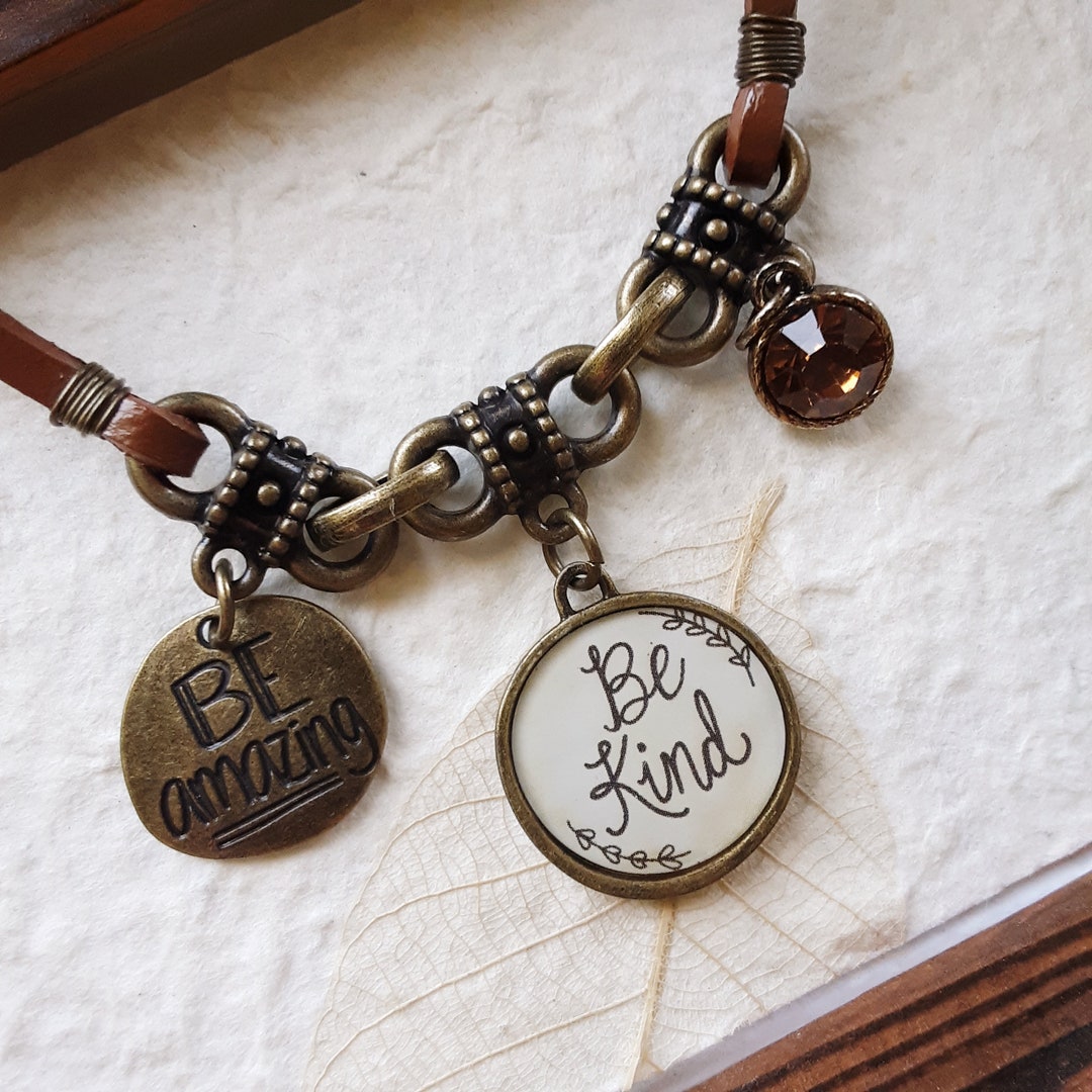 Brass Charm Bracelet Leather Look Be Kind Be Amazing Etsy