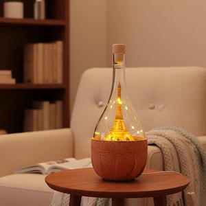 Lamp for home decor, Paris with 3D printing Eiffel Tower, Warm LED USB, Handmade romantic natural minimalist souvenir, Gift for her