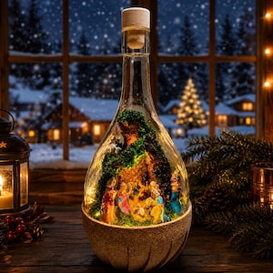 Könnte beinhalten: Eine klare Glasflasche mit Korkverschluss, die eine Miniatur-Krippenszene enthält. Die Szene zeigt kleine Figuren von Menschen und Tieren, die in einer felsigen, moosbedeckten Struktur eingebettet und von warmen Lichterketten beleuchtet sind.