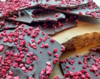 Handmade Dark chocolate and raspberry bark . Belgian chocolate. Shards.