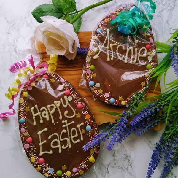 Personalised Easter egg plaque. Personalised chocolate. Easter egg. Chocolate slab.