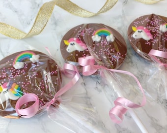 Unicorn chocolate lolly. Belgian chocolate. Rainbow. Lollipop. party favour. party bag
