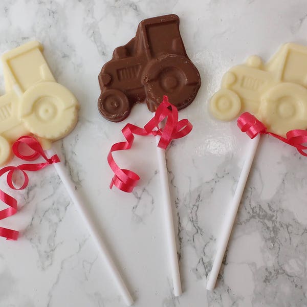 Belgian chocolate tractor lollipop. Lolly. Lollies. Party favours. Party bag.