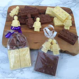 Chocolate Lego building brick party favours. Wedding, birthday. Handmade Belgian chocolate.