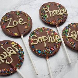 Personalised rainbow chocolate lolly lollipops. Chocolate lollies.  Lolly. Party favour.  Party bag.