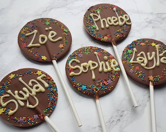 Personalised rainbow chocolate lolly lollipops. Chocolate lollies.  Lolly. Party favour.  Party bag.