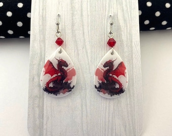 Dragon Earrings, Teardrop Fantasy Earring, Red Dragons, Fantasy Book Reader Gift, Literary Bookish Jewelry, Hypoallergenic Earrings