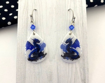 Dragon Earrings, Teardrop Fantasy Earring, Blue Dragons, Fantasy Book Reader Gift, Literary Bookish Jewelry, Hypoallergenic Earrings