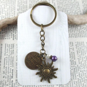 Rapunzel Bronze Sun Charm Keychain, Live Your Dream, Fairy Tale Princess, Fairytale Accessories