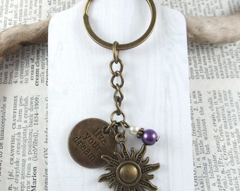 Rapunzel Bronze Sun Charm Keychain, Live Your Dream, Fairy Tale Princess, Fairytale Accessories