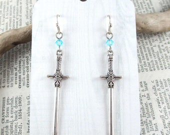 Silver Sword Earrings, Medieval Gothic Fantasy Jewelry, Epic Adventure Book Earrings, Cosplay Costume Jewelry