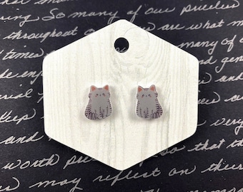 Gray Cat Earrings, Tabby Cat, Cat Mom Jewelry, Crazy Cat Lady Gift, Hypoallergenic, Stud Earrings, Feline Enthusiast, Cute Kitty Earrings