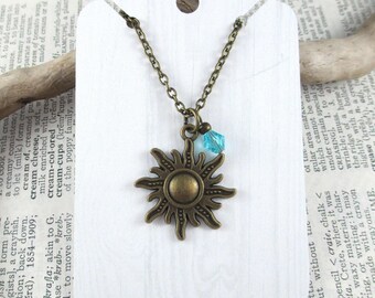 Rapunzel Bronze Sun Charm Necklace, Fairy Tale Wedding Jewelry, Princess Gift, Nerdy Bridal Accessory