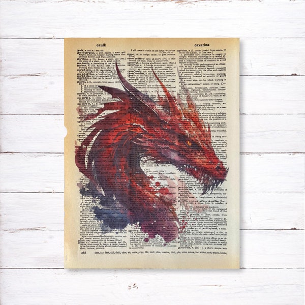 Red Dragon Art Print, Vintage Dictionary Art Print, Watercolor Fantasy Dragon, Fantasy Wall Decor, Bookish Literary Art, Recycled