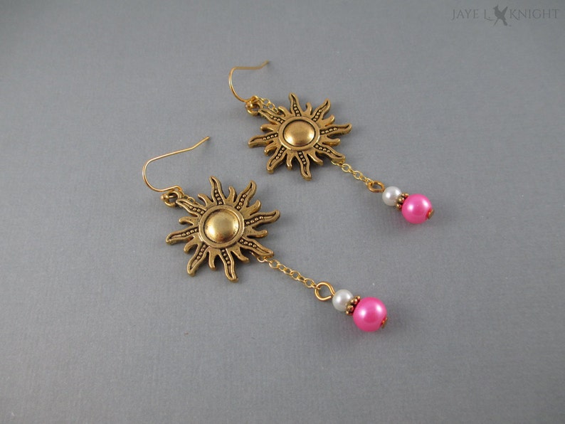 Rapunzel Gold Sun Earrings, Fairy Tale, Princess Jewelry, Princess Wedding Gift image 1