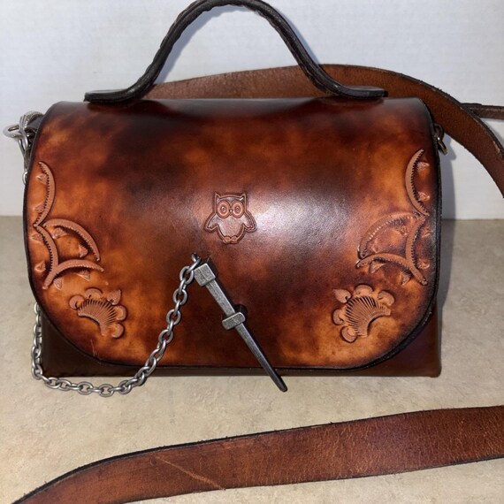 Vintage Tooled Leather Crossbody Style Bag Handmade ,owl , Snake Clasps