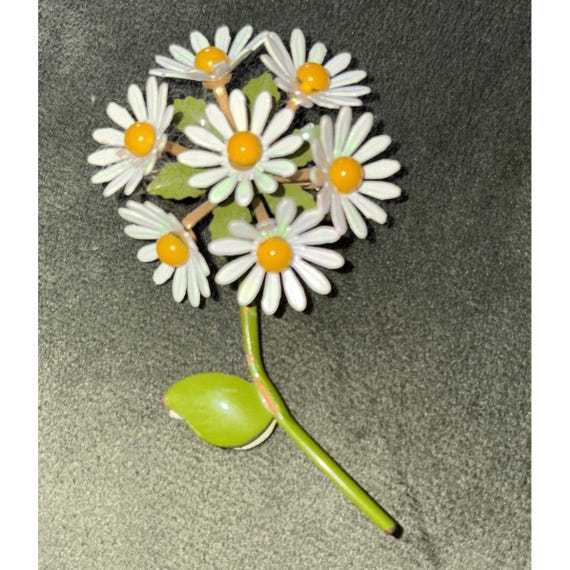 Vintage ART Cluster Daisy Brooch Enamel Metal Yellow White Spring 1960s Mod