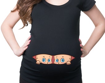 Maternity T Shirts Twins Baby Peeking Peek  T-Shirt T shirts Mom Funny Maternity T Shirt Perfect Gift  For Future Mommy