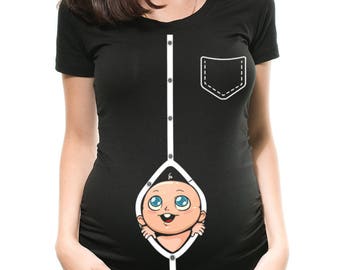 Pregnancy Shirt Pregnancy Announcement Maternity Funny T-Shirt Pregnancy Maternity Clothes Cute Baby Peeking  Shirt