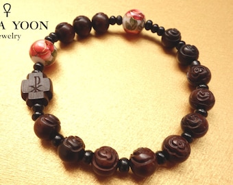 The beautiful rose wooden rosary bracelet,  Handmade Japanese Tensha beads, Catholic Bracelet, Stretch bracelet, One Decade Rosary