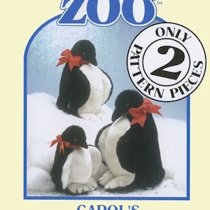 May include: A pattern for making a penguin family. The pattern includes three penguins, one large, one medium, and one small. The penguins are black and white with red accents. The pattern is from Carol's Zoo and is only two pieces.