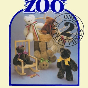May include: A vintage sewing pattern for making a teddy bear. The pattern is called "Carol's Zoo" and features a brown bear, a white bear, and a black bear. The pattern is for two pieces and is called "Carol's Bear".