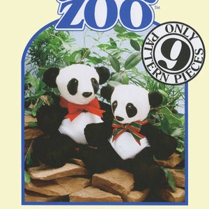 May include: Two black and white panda bear plush toys sitting on a pile of rocks. The bears are wearing red and green ribbon bows. The image is from a pattern book called "Carol's Zoo: Panda Bear" with the text "Only 9 Pieces Pattern" in a circle.
