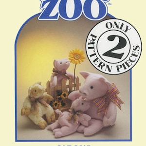 May include: A sewing pattern for a pig family. The pattern includes four pigs, a mama pig, a papa pig, and two piglets. The pattern is from Carol's Zoo and is only two pattern pieces. The pattern is illustrated with a pink mama pig, a pink papa pig, and two pink piglets.