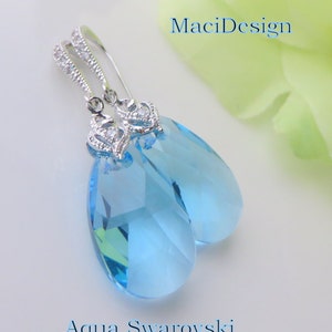 Aqua Swarovski Crystal, White Gold PLated, Bridal Earrings, Brides Jewelry, Aqua  Pear shape Crystal Earrings, Free U