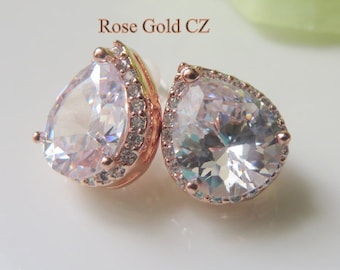 Rose Gold Cubic Zirconia, Rose Gold Crystal, Bridal Earrings Stud, Bridal Pink Jewelry, Pink Wedding, Free US Shipping