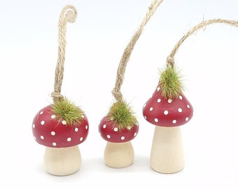 Set of three hand painted toadstools / mushrooms. Hanging wooden decorations, cute tree ornaments, autumn, fall, woodland, Christmas tree