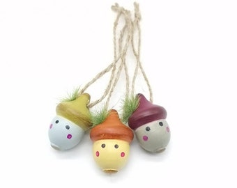 Set of three wooden acorn hanging decorations. Handmade at Behind the Times. Woodland decoration, Autumn decor, cute gift