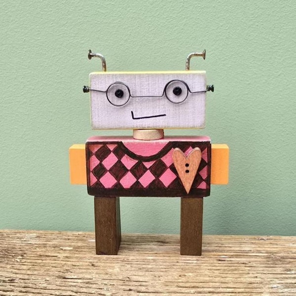 Wooden robot figure made out of recycled vintage building blocks. Geek gift. Desk buddy. Art robot accessory. Bot. Retro shelf decoration
