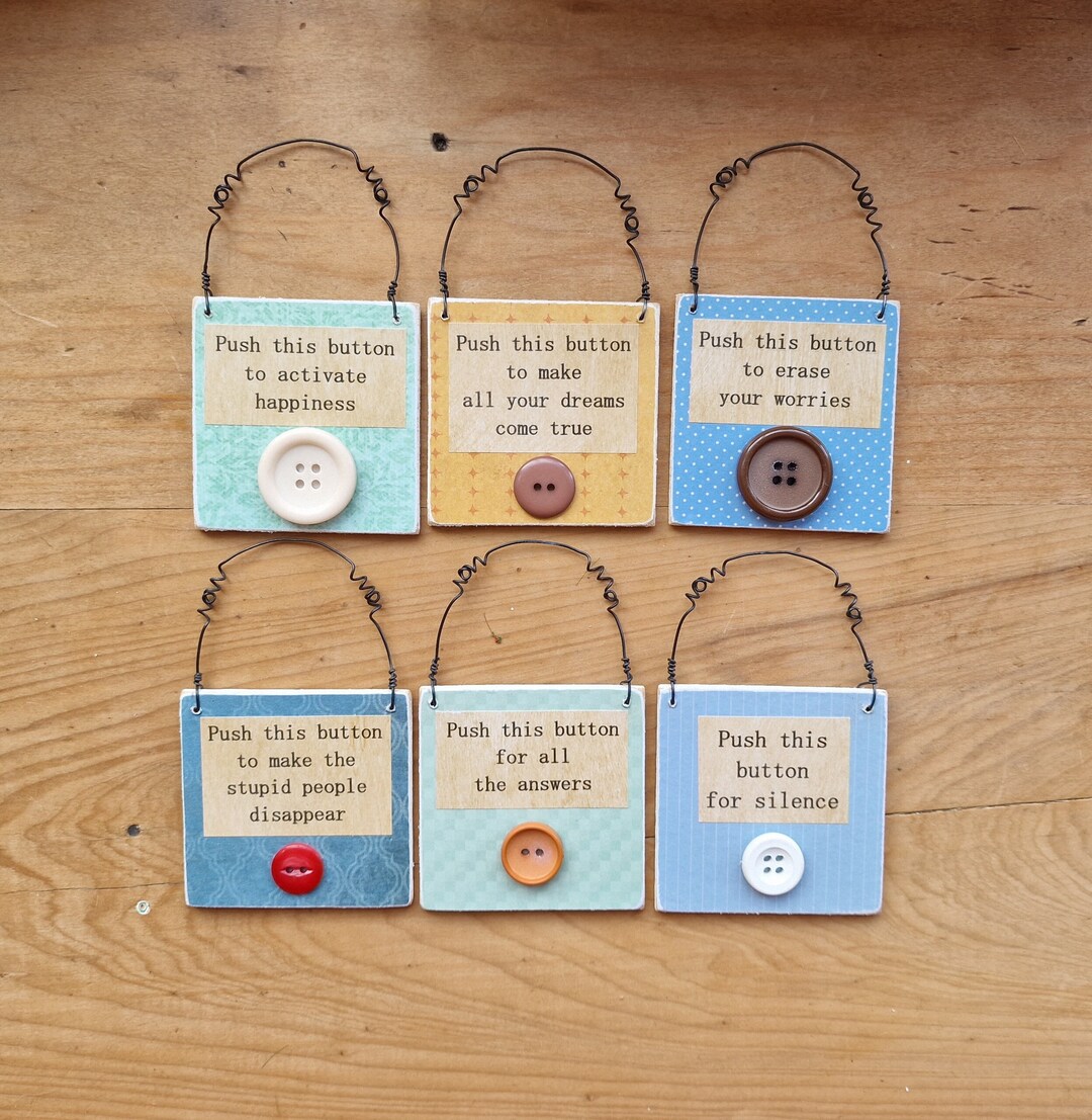 Small hanging wooden sign plaque magic button novelty funny gift