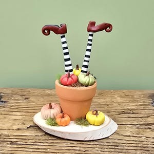 May include: A Halloween-themed ornament. A terracotta pot holds miniature pumpkins and witch legs. The legs are black and white striped with brown shoes. The pumpkins are red, orange, and yellow. The ornament sits on a wooden slice, perfect for seasonal decor.