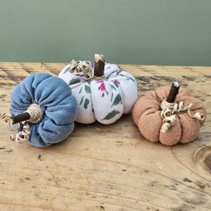 May include: Three fabric pumpkins in blue, white with floral print, and peach sit on a wooden surface. Each pumpkin has a twig stem and twine accents, creating a rustic, autumn-themed decoration.