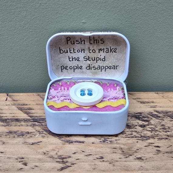 A upcycled vintage tin housing a single 'Stupid People' button — handmade, sustainable, and oddly charming in its grumpy-office-worker energy.