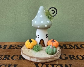 Toadstool house with pumpkins. Little mushroom fairy cottage. Miniature wood house. Housewarming gift. Whimsical, magical. Autumn decoration