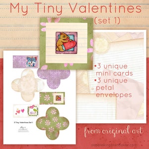 Puede incluir: Conjunto imprimible de tres tarjetas de San Valentín mini únicas y tres sobres de pétalo únicos. Las tarjetas presentan un lindo oso sosteniendo un corazón. El texto en la imagen dice "My Tiny Valentines (set 1)" y "from original art debbiekingstonbaker.com".