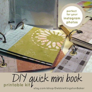 Peut inclure: Kit imprimable pour un mini livre rapide à faire soi-même. Gros plan sur un mini livre vert, marron et blanc avec un motif floral. Le livre est ouvert et les pages sont visibles. Le livre est posé sur une table avec une surface blanche. Le texte "perfect for your instagram photos" est visible dans un cercle sur le côté droit de l'image.