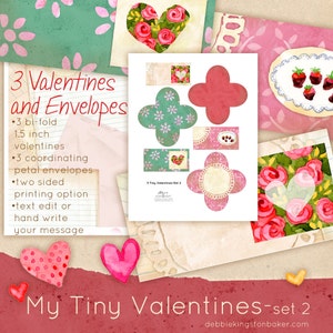 Puede incluir: Conjunto imprimible de tres tarjetas de San Valentín y sobres de 1,5 pulgadas. Las tarjetas de San Valentín tienen forma de corazón y los sobres tienen forma de pétalo. El conjunto está decorado con patrones florales rosas, rojos y verdes. El texto de la imagen dice "3 Tiny Valentines-Set 2".