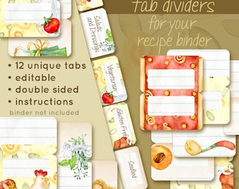 May include: Printable recipe binder tab dividers with 12 unique tabs, featuring watercolor illustrations of food and kitchen items. The tabs are double-sided and editable. The text on the tabs includes: "Meat and Poultry", "Salads and Dressings", "Vegetarian", "Gluten Free", "Seafood", and "Dessert".