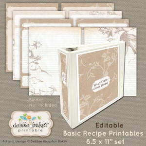 May include: Editable printable recipe pages with a brown and white floral design. The pages are 8.5 x 11 inches and are part of a set. The text "Your Title Goes Here" is on the cover of the binder.