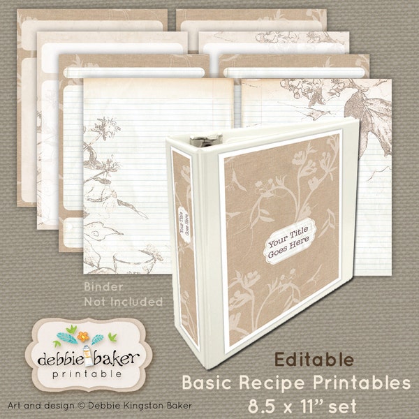 Basic Recipes Set,  8.5 x 11 Pages, Digital Download, includes 2 Cover and Spine options, multiple spine widths included, fits 3 ring binder